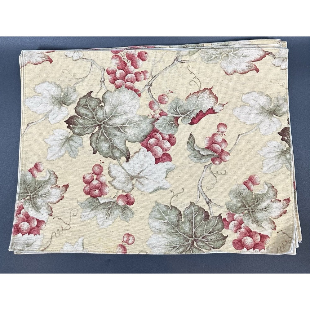 Floral Tapestry Placemats Grapes Leaves Burgundy Green Yellow Vintage‎ Set of 5